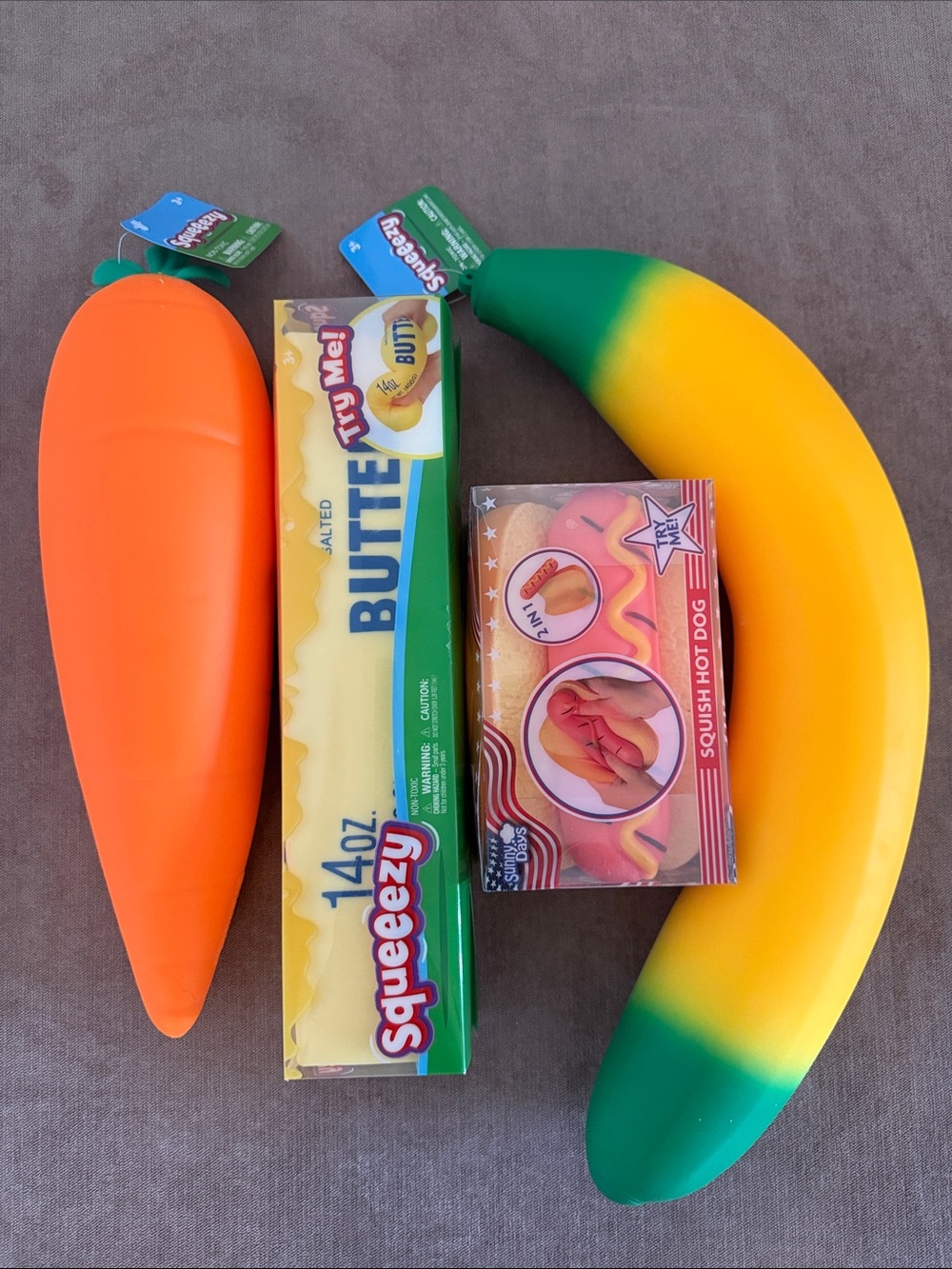 Sunny Days Squeezy Butter, Hot Dog, Banana & Carrot Fidget Toys | New
